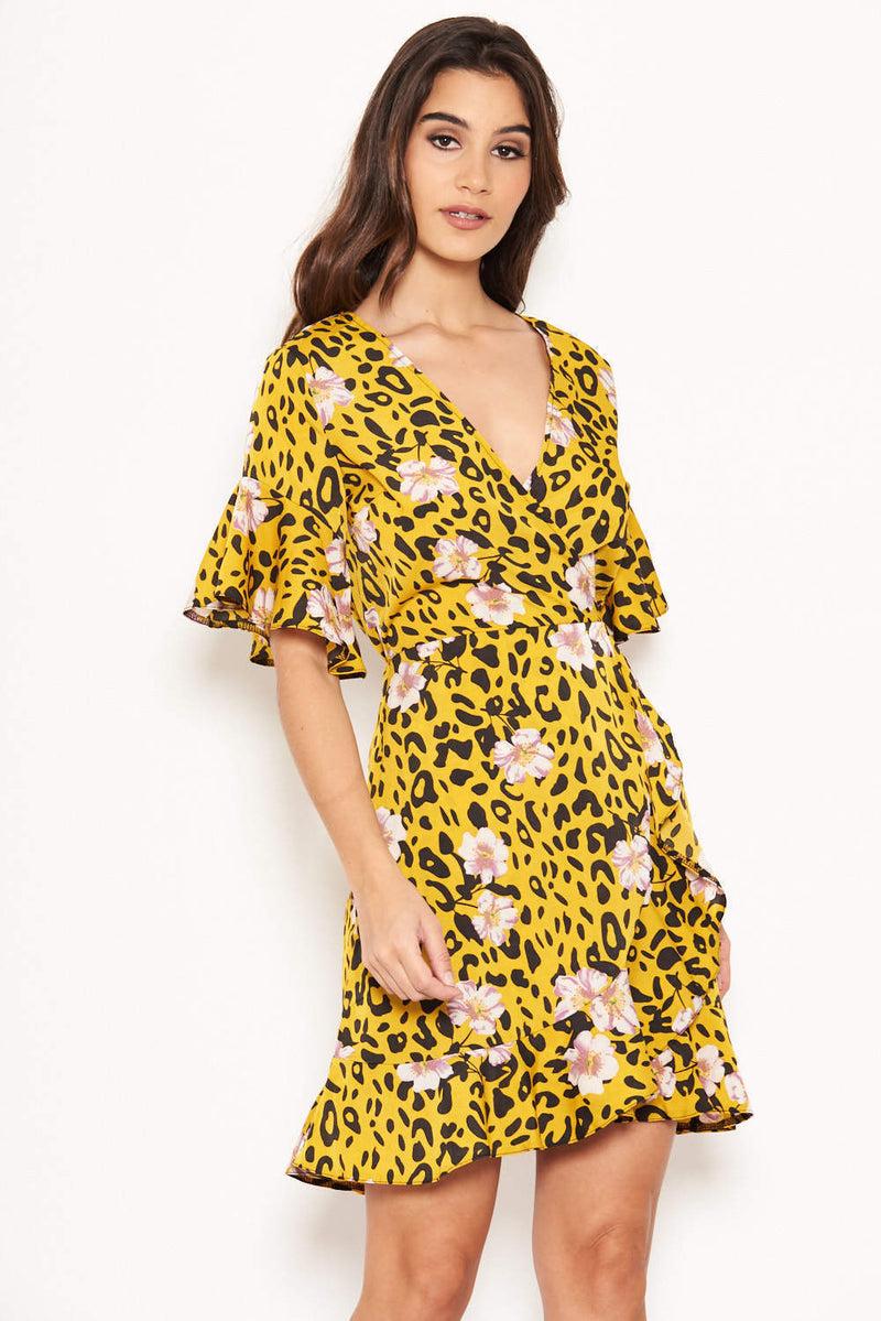 Ax Paris Yellow Animal Print Dress With Floral Detail