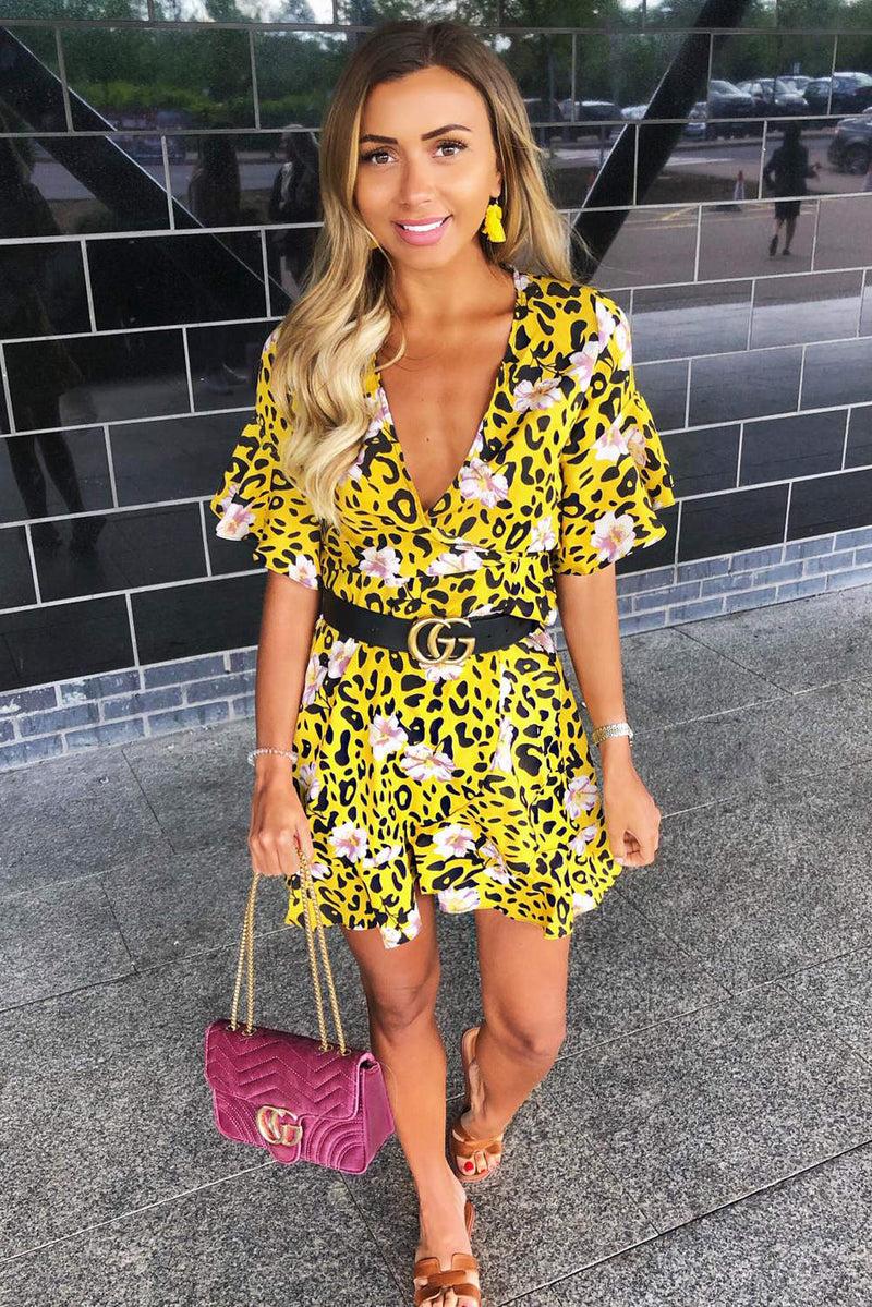 ax paris Yellow Animal Print Dress With Floral Detail