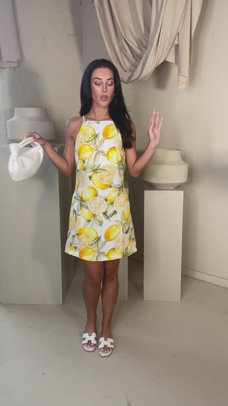 Ax Paris Yellow Lemon Print Racer Neck Slip Mini Dress