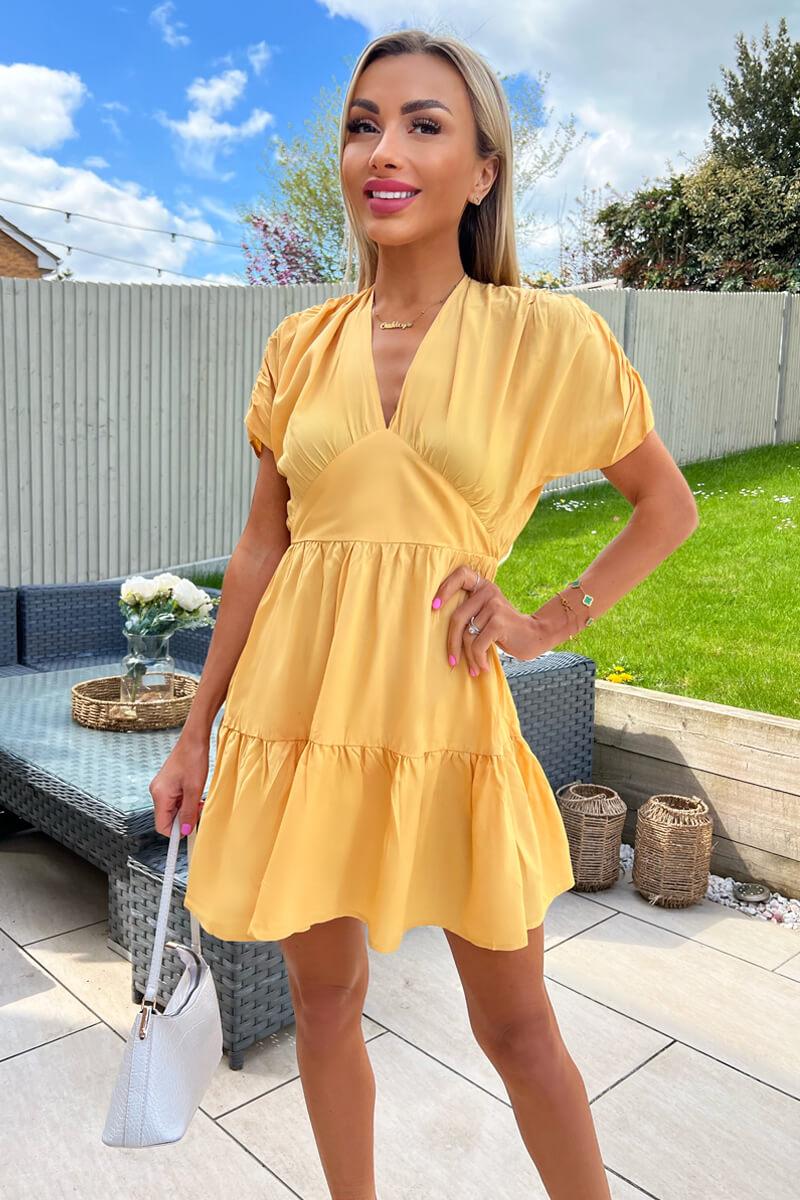 ax paris Yellow Short Sleeve Tie Back V Neck Mini Dress