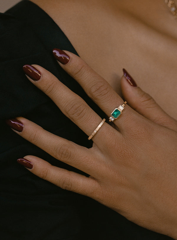 Azlee Emerald And Baguette Deco Ring