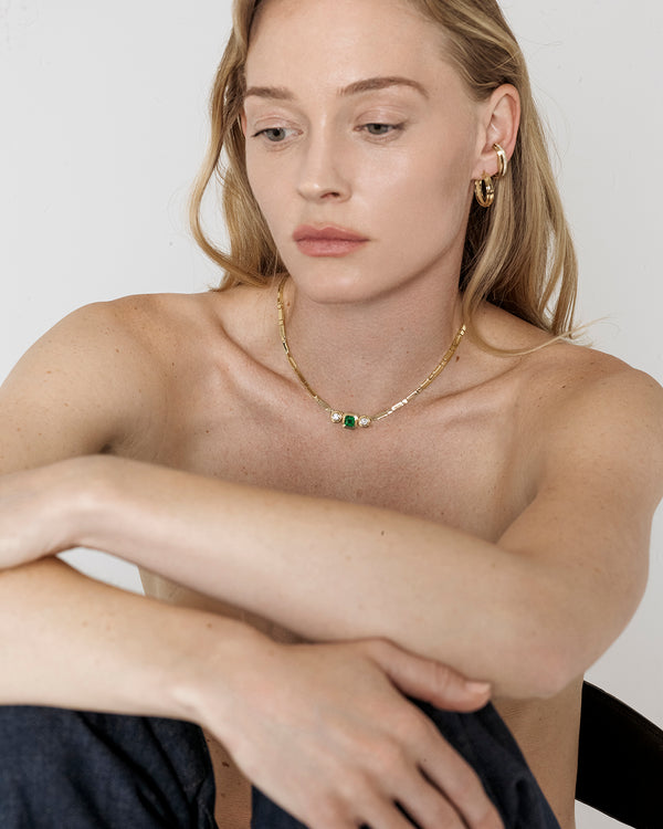 Azlee Gold Bar Emerald & Diamond Necklace