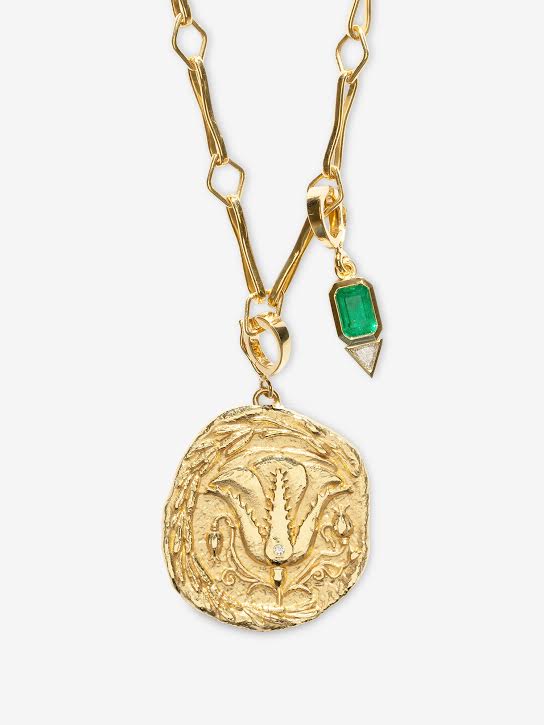 azlee Large Of The Earth Emerald & Trillion Diamond Modern Charm Necklace