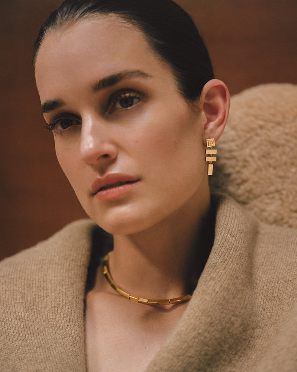 Azlee Scattered Gold Bar And Carre Diamond Staircase Earrings