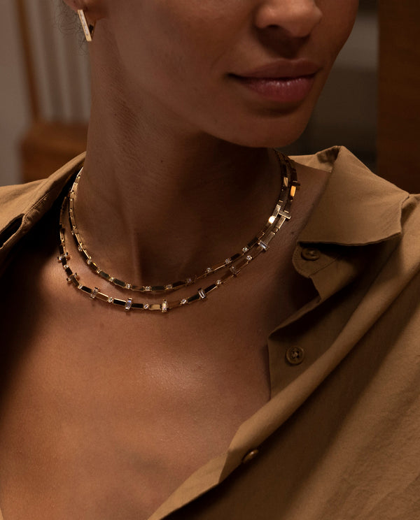 Azlee Scattered Gold Bar And Diamond Tennis Necklace