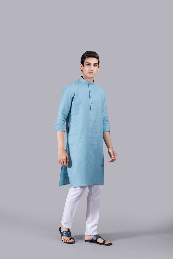 B More AQUA BLUE LINEN KURTA SET