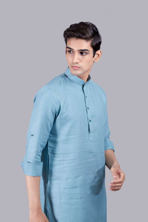 B More AQUA BLUE LINEN KURTA SET