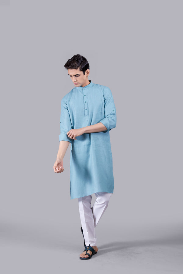 b more AQUA BLUE LINEN KURTA SET