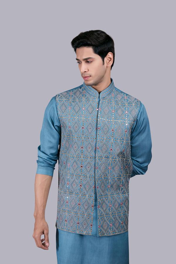 B More AQUA BLUE SILK EMBROIDERY WORK BUNDI SET