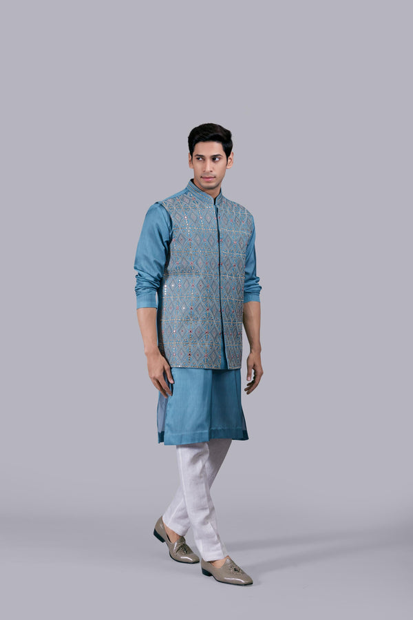 B More AQUA BLUE SILK EMBROIDERY WORK BUNDI SET