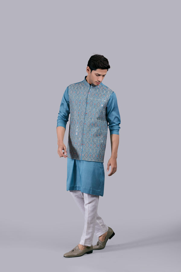 B More AQUA BLUE SILK EMBROIDERY WORK BUNDI SET