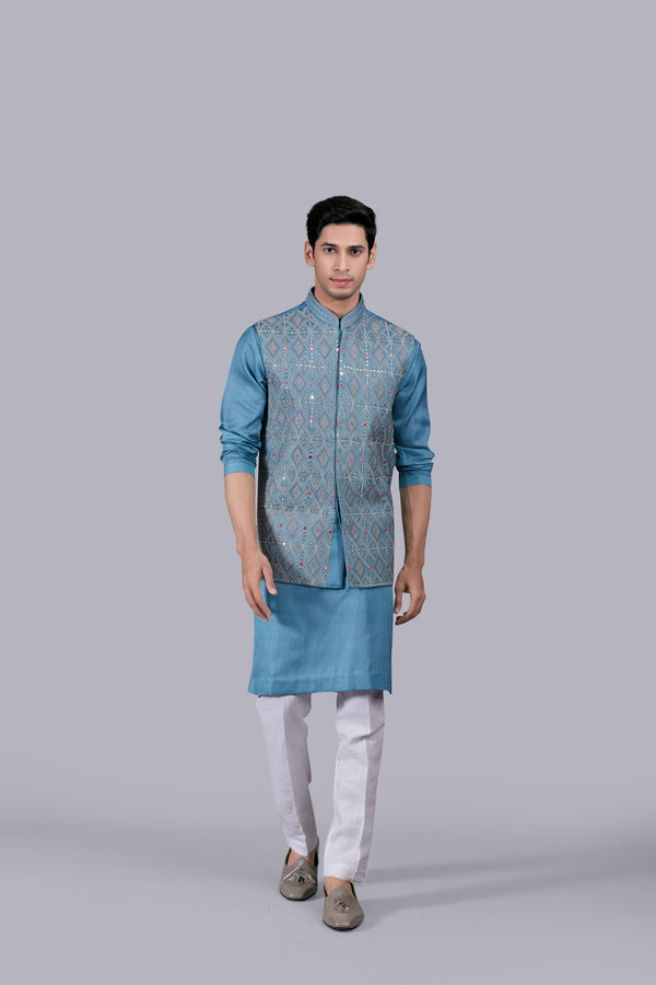 b more AQUA BLUE SILK EMBROIDERY WORK BUNDI SET