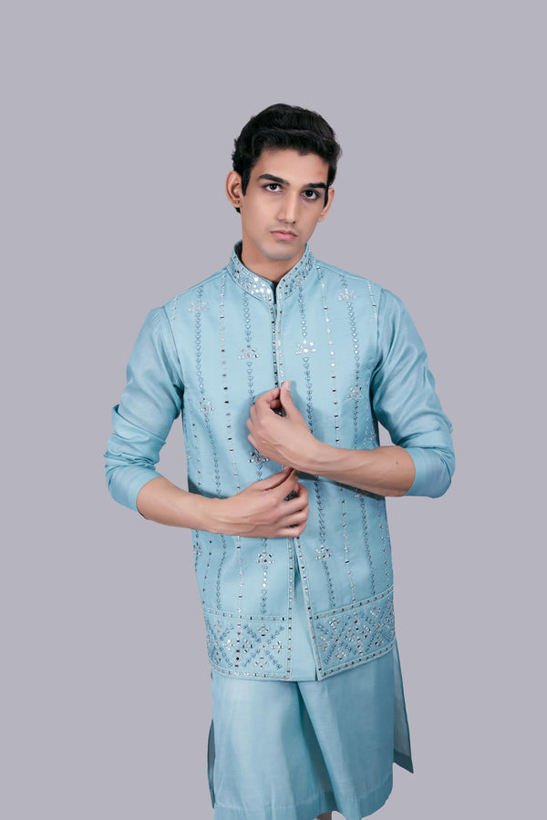 B More AQUA BLUE SILK MIRROR WORK BUNDI SET