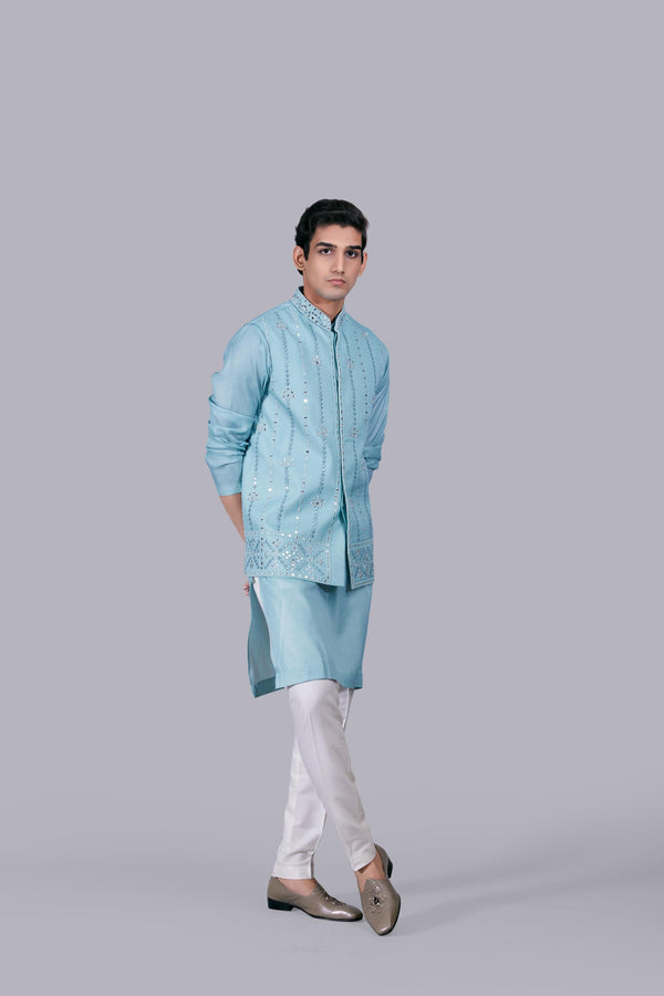 B More AQUA BLUE SILK MIRROR WORK BUNDI SET