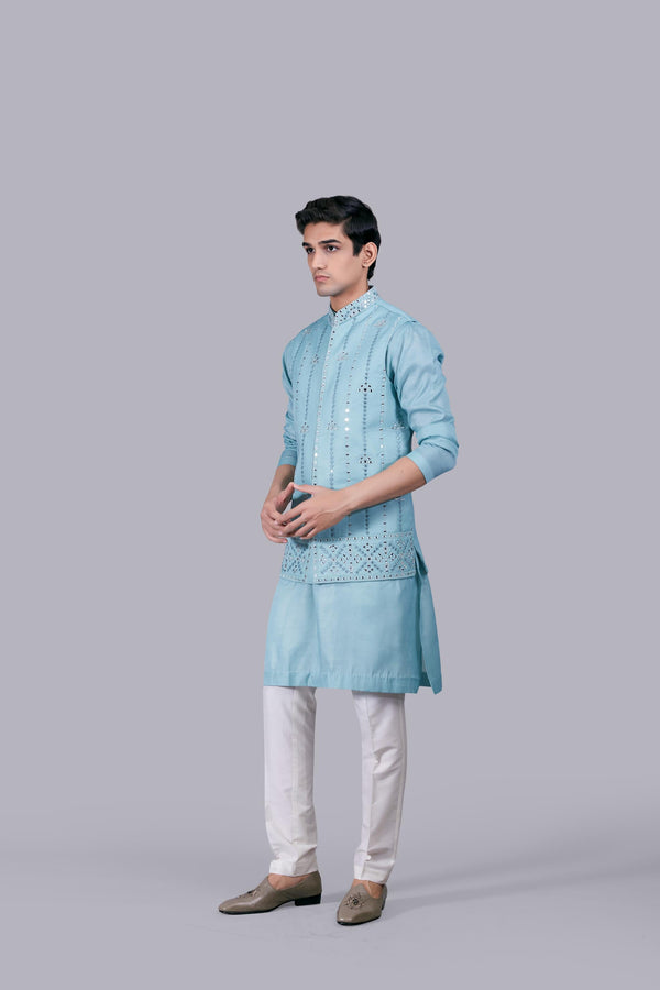 B More AQUA BLUE SILK MIRROR WORK BUNDI SET