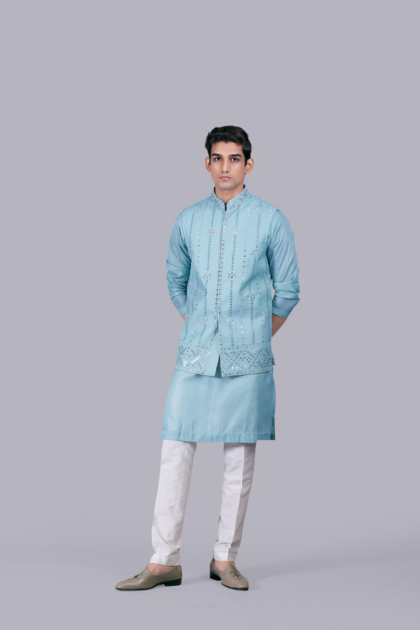 b more AQUA BLUE SILK MIRROR WORK BUNDI SET