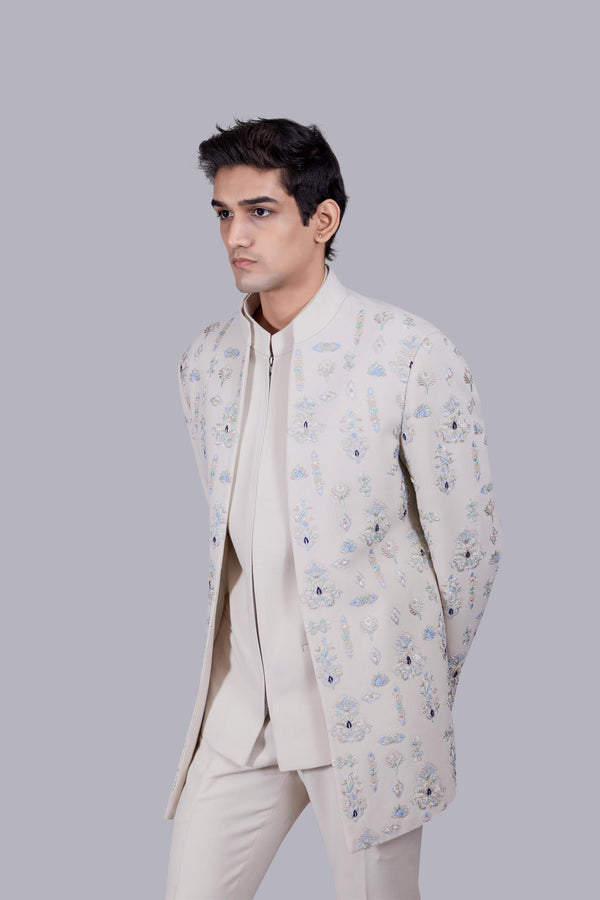 B More BEIGE ITALIAN CREPE HAND WORK INDO WESTERN