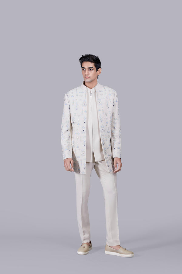 b more BEIGE ITALIAN CREPE HAND WORK INDO WESTERN