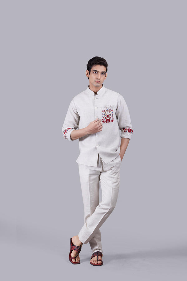 B More BEIGE LINEN EMBROIDERY WORK NEHRU JACKET