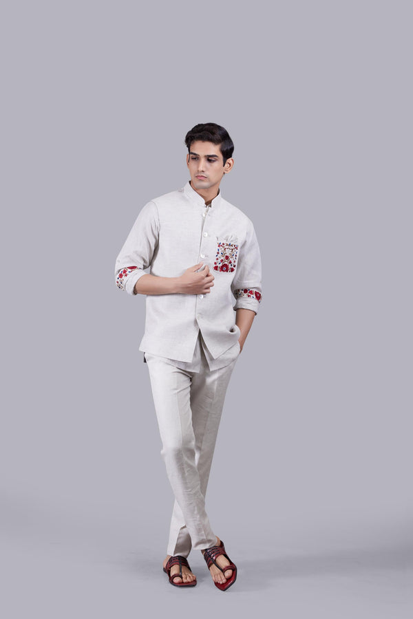 B More BEIGE LINEN EMBROIDERY WORK NEHRU JACKET