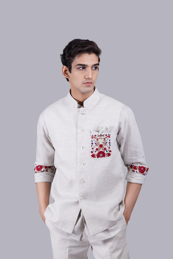 B More BEIGE LINEN EMBROIDERY WORK NEHRU JACKET