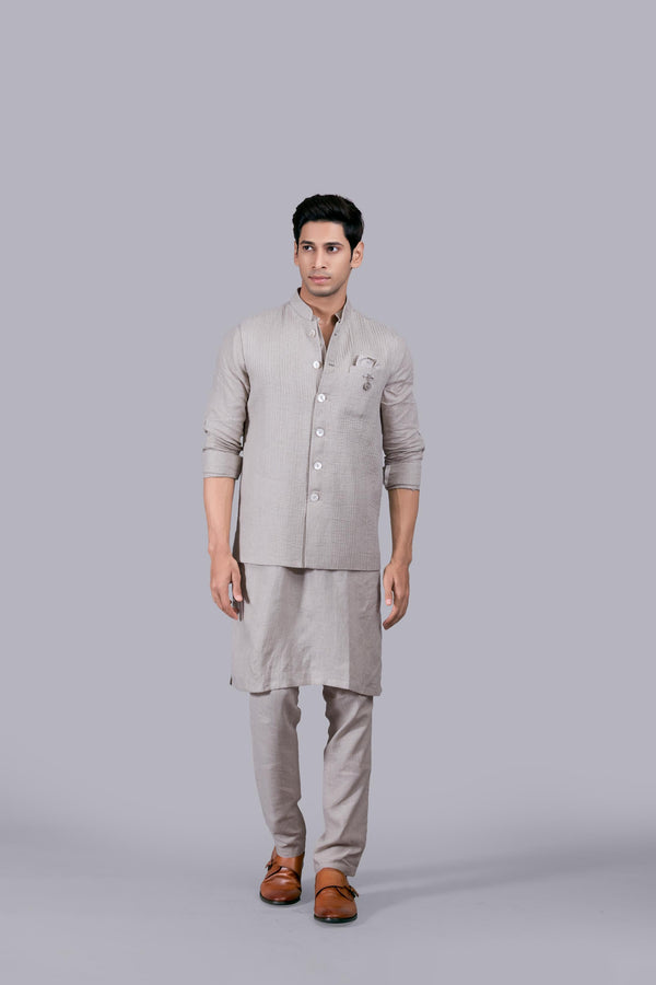 b more BEIGE LINEN PLAIN BUNDI SET