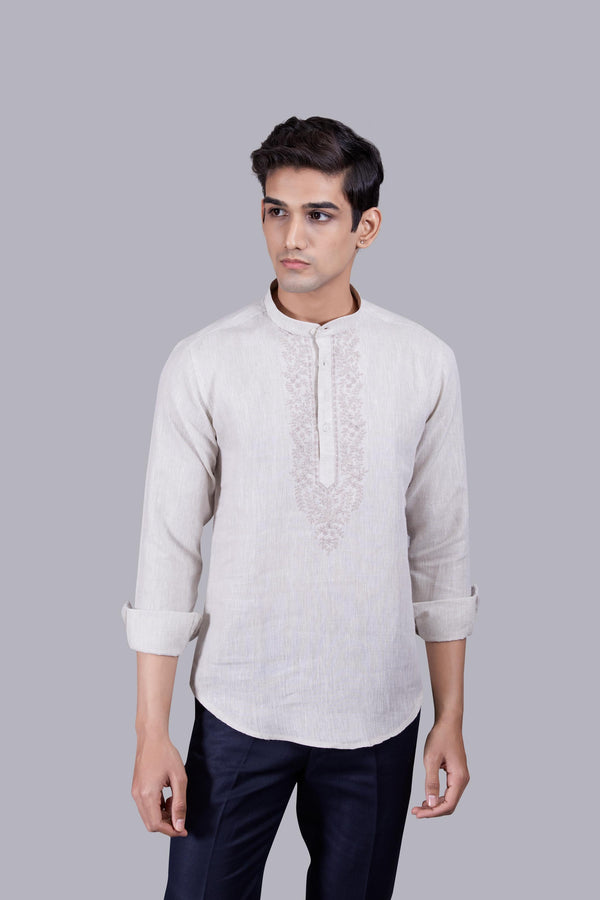 B More BEIGE LINEN THREAD ARI WORK KURTA SET
