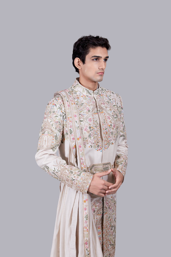 B More BEIGE RAW SILK PEARL WORK SHERWANI