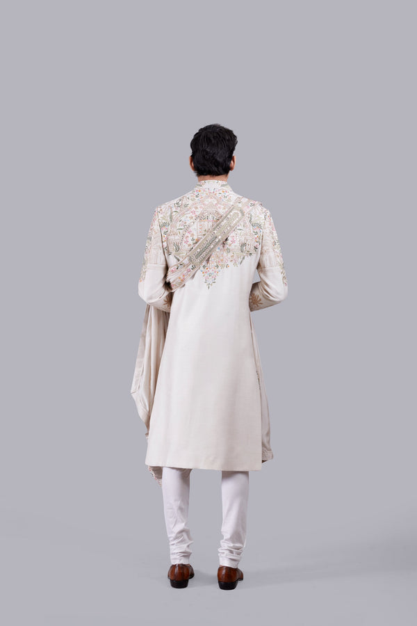 B More BEIGE RAW SILK PEARL WORK SHERWANI