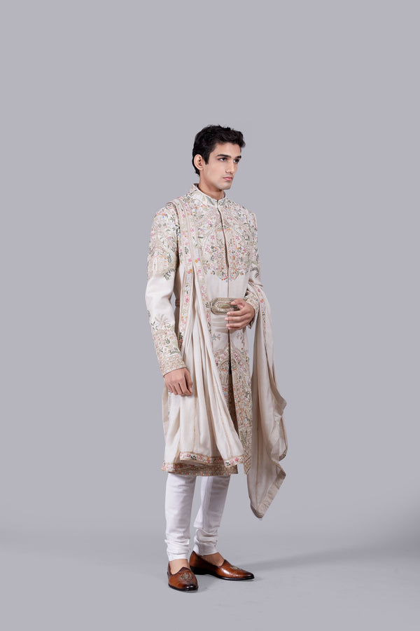 B More BEIGE RAW SILK PEARL WORK SHERWANI