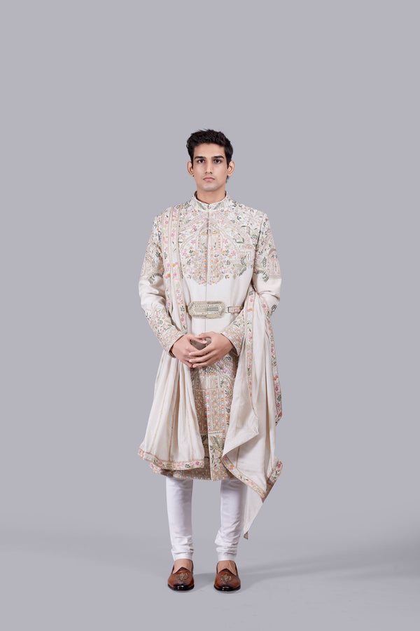 b more BEIGE RAW SILK PEARL WORK SHERWANI
