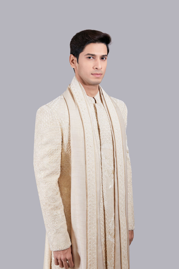 b More BEIGE RAW SILK THREAD WORK SHERWANI