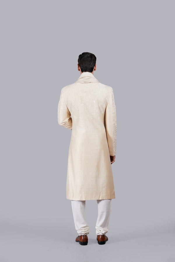 b More BEIGE RAW SILK THREAD WORK SHERWANI