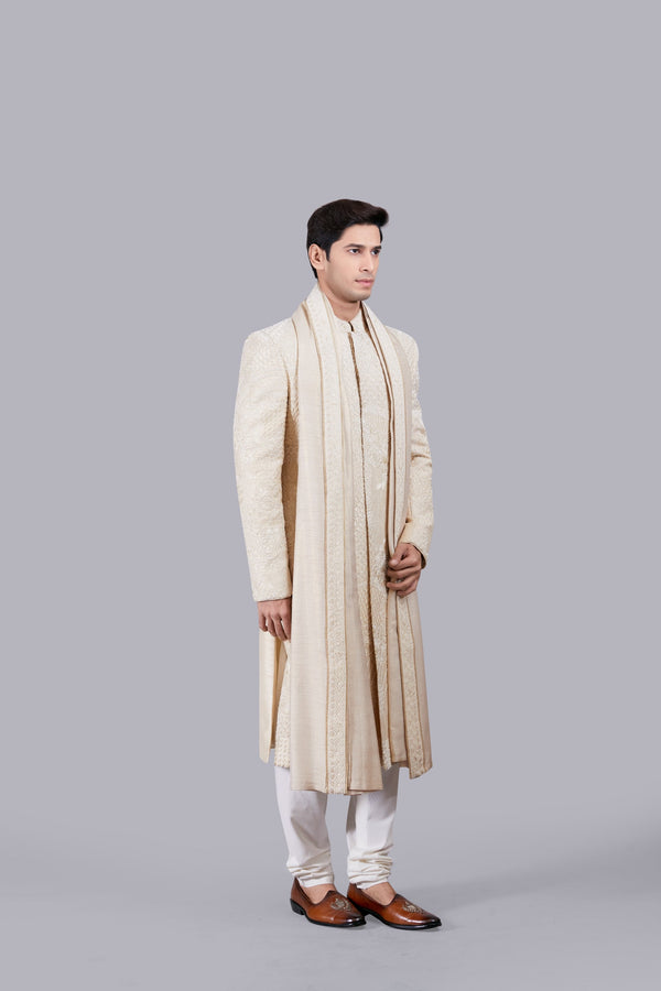 b More BEIGE RAW SILK THREAD WORK SHERWANI
