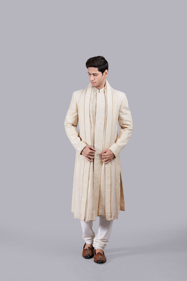 b more BEIGE RAW SILK THREAD WORK SHERWANI