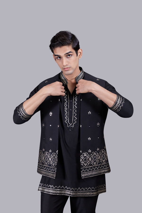 B More BLACK CHANDERI SILK LEATHER WORK BUNDI SET