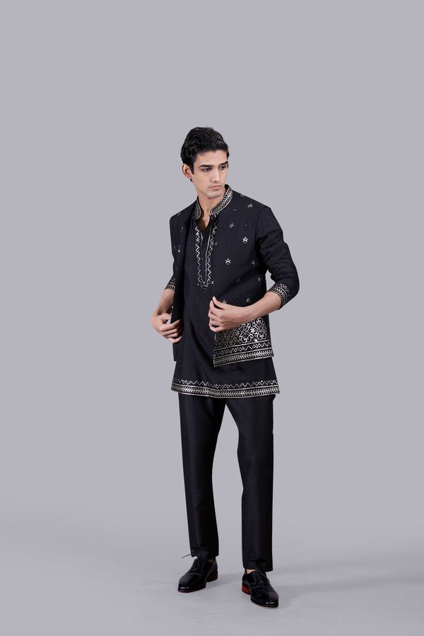 B More BLACK CHANDERI SILK LEATHER WORK BUNDI SET
