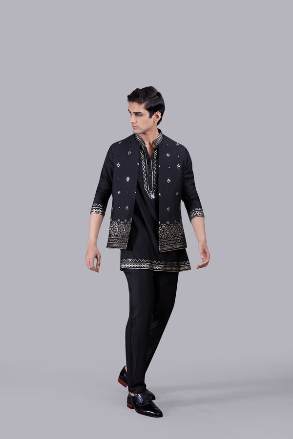 B More BLACK CHANDERI SILK LEATHER WORK BUNDI SET