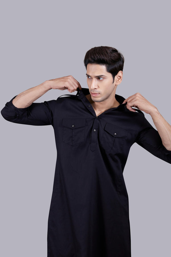 B More BLACK COTTON SILK PATHANI KURTA SET