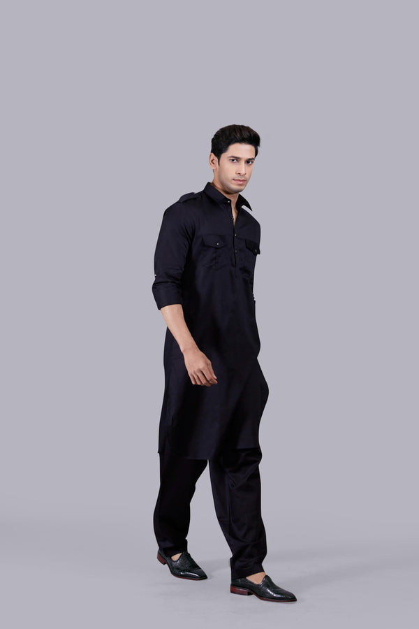 B More BLACK COTTON SILK PATHANI KURTA SET