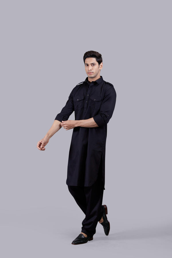 B More BLACK COTTON SILK PATHANI KURTA SET
