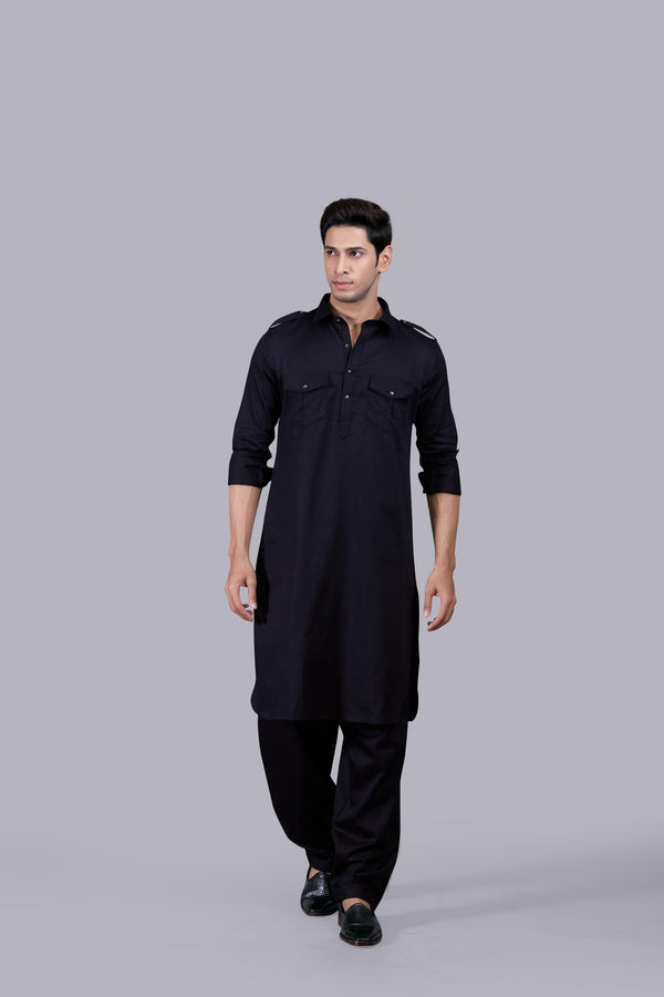 b more BLACK COTTON SILK PATHANI KURTA SET
