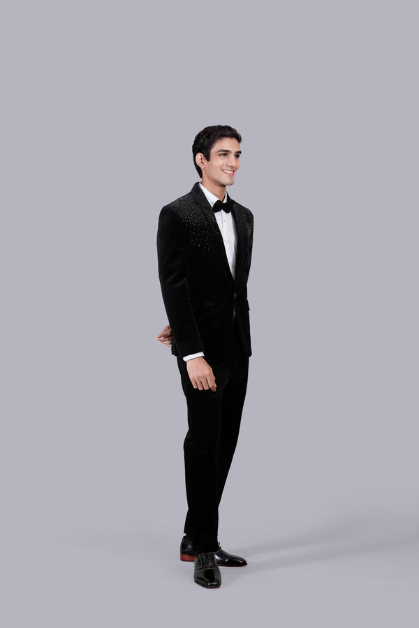 B More BLACK ITALIAN COTTON VELVET PEARL WORK SUIT