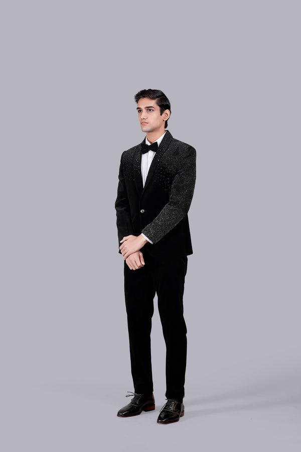 B More BLACK ITALIAN COTTON VELVET PEARL WORK SUIT