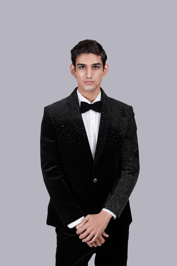 B More BLACK ITALIAN COTTON VELVET PEARL WORK SUIT