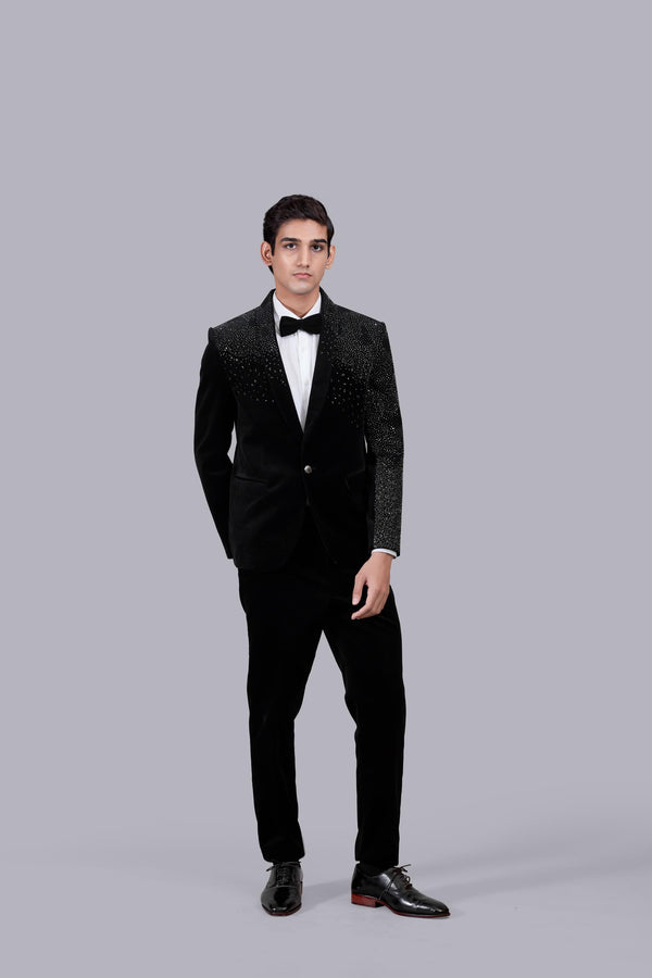 b more BLACK ITALIAN COTTON VELVET PEARL WORK SUIT
