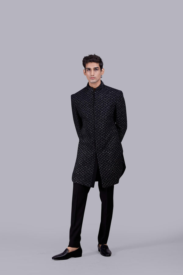 b more BLACK ITALIAN CREPE RESHAM WORK INDOWESTERN