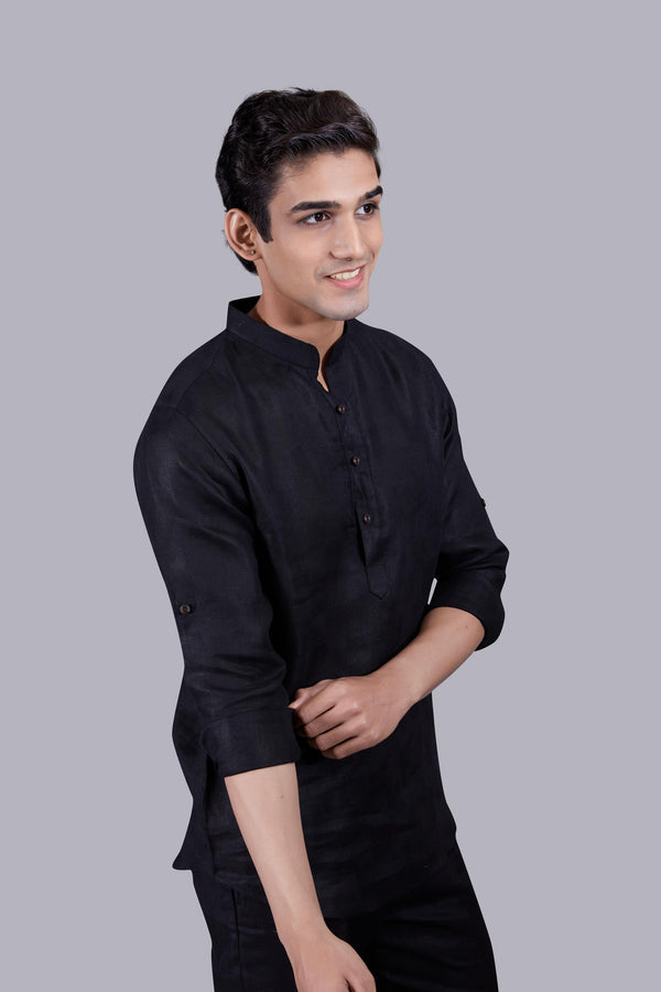 B More BLACK LINEN SELF CHECKED LINEN KURTA SET