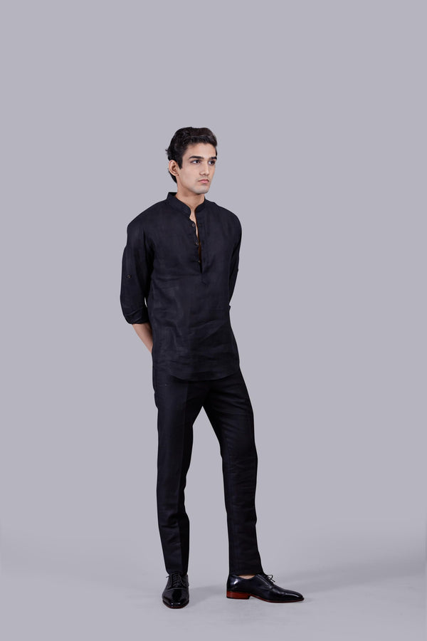 B More BLACK LINEN SELF CHECKED LINEN KURTA SET