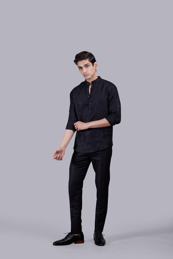 B More BLACK LINEN SELF CHECKED LINEN KURTA SET